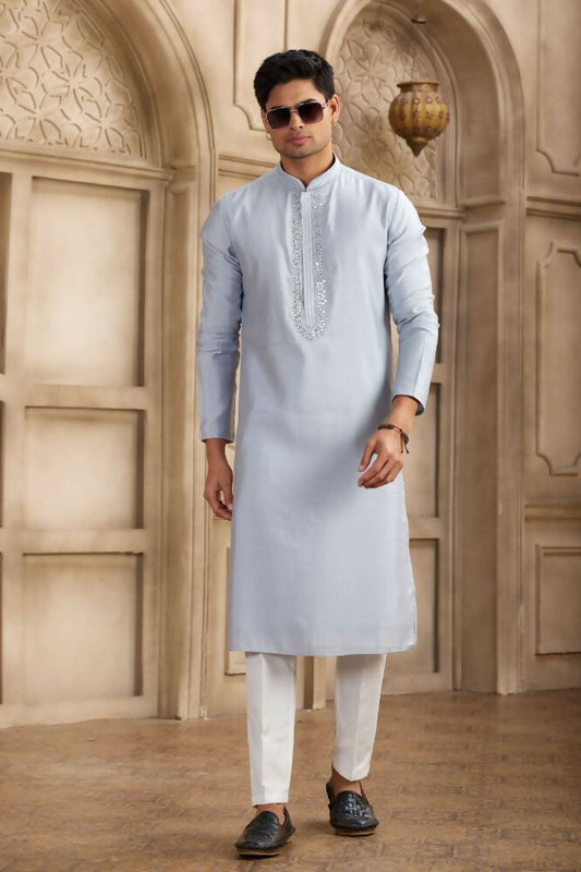 Raivat Ethnic Banarasi Art Silk Mirror Work Kurta Pajama In Sky Blue Colour | Swadesiicart