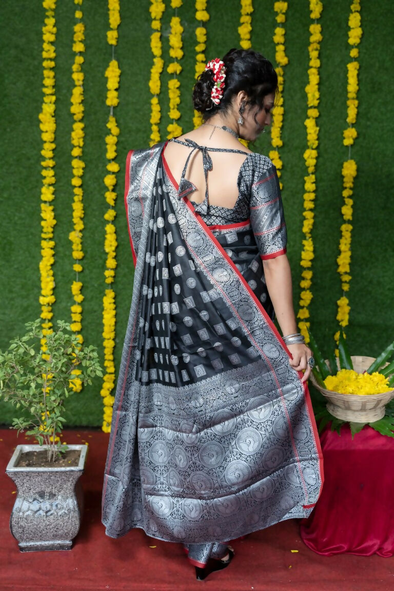 Jyoti Fashion Women's Black Soft Handloom Silk Zari Woven Saree with Blouse | Swadesiicart