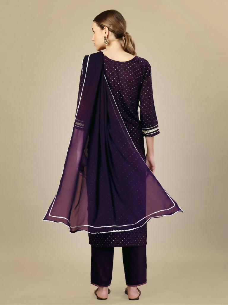 Jyoti Fashion Women's Purple Silk Blend Embroidery & Sequence work Kurta with Trouser & Dupatta | Swadesiicart