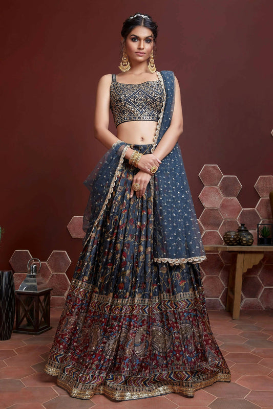 Wedding Designer Navy Blue Chinon Silk Lehenga Choli - Anbazaar | Swadesiicart