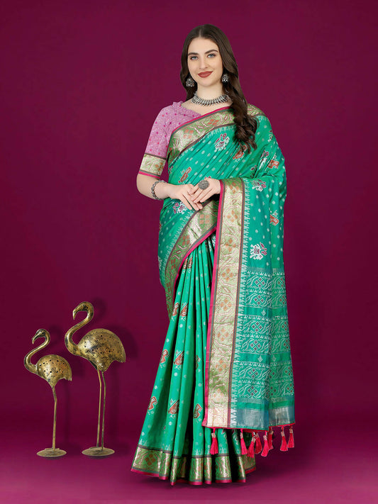 Lorenvalley Fashion Teal Patola Silk Woven Design Zari Meenakari Weaving Saree - Swadesiicart