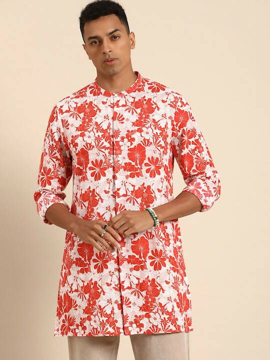Red & White Men pure Cotton Floral Printed Straight Kurta - Mahotsav | Swadesiicart