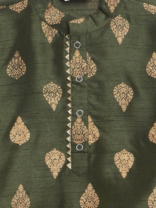 Ahalyaa Green Poly Silk Gold Print Kids Kurta Churidar Set For Boys