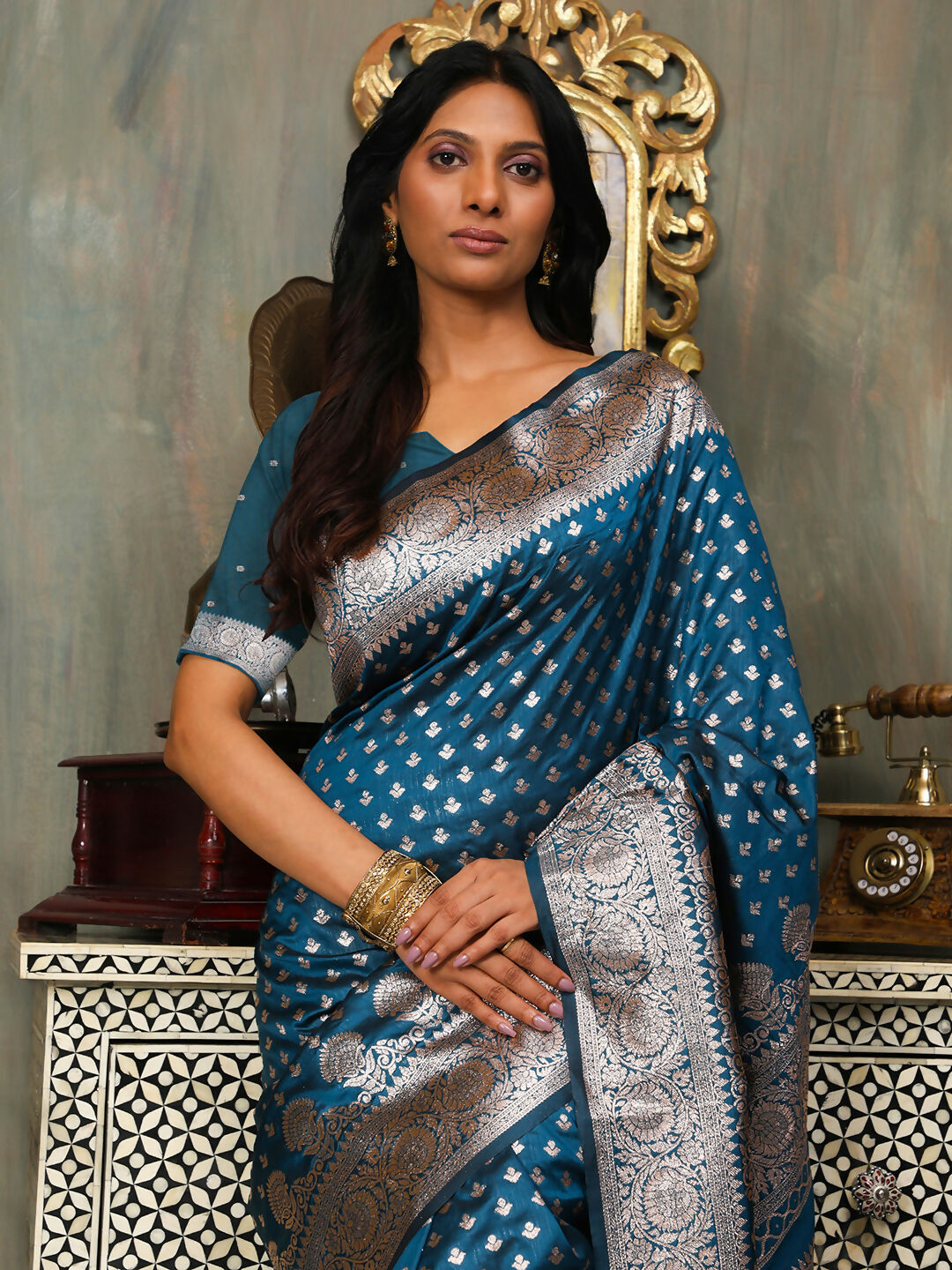 Astita Banarasi Silk Blue Saree | Swadesiicart
