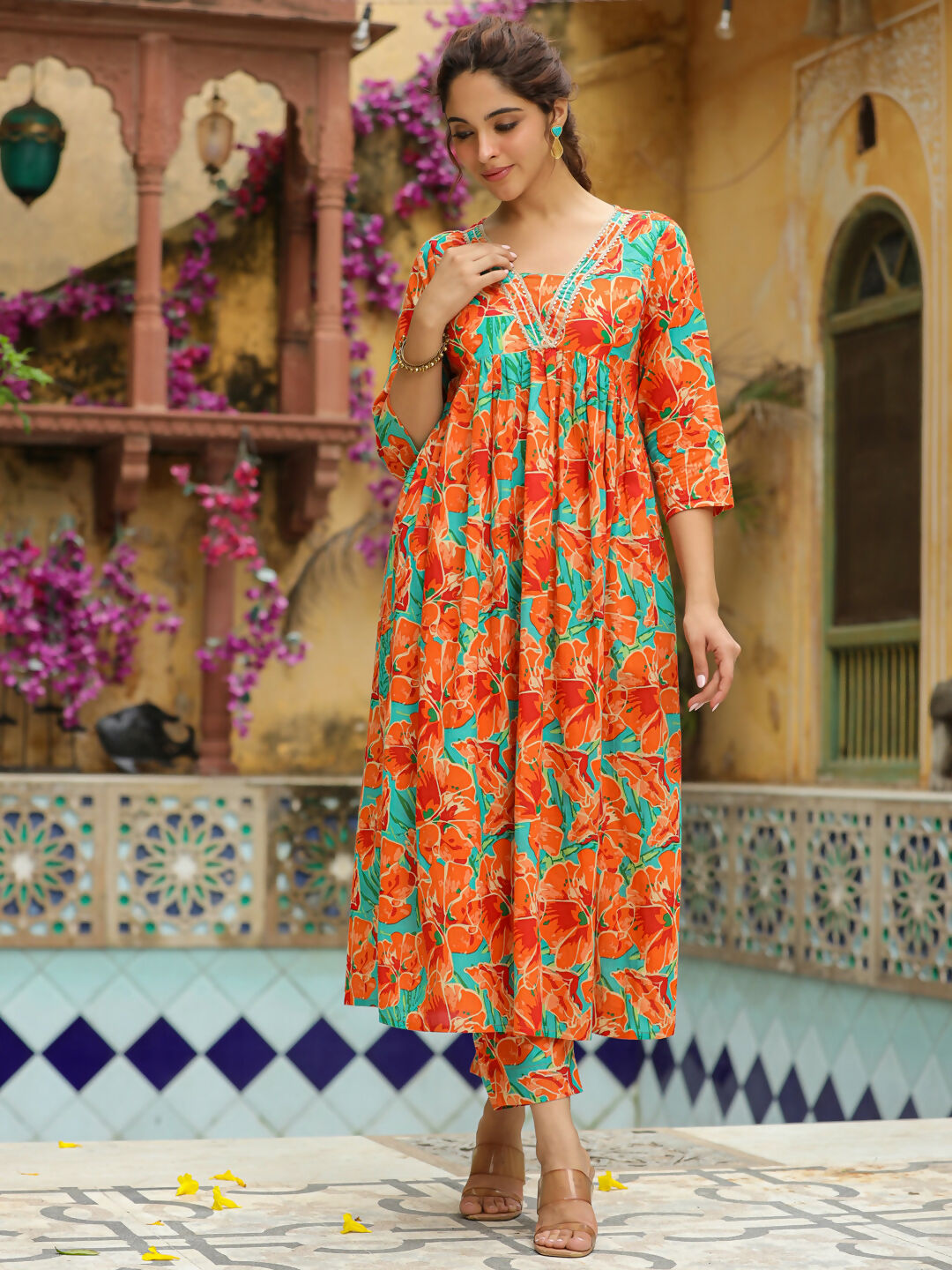 Janasya Orange Cotton Floral Kurta & Bottom | Swadesiicart