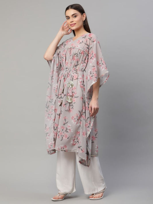 Ahalyaa Women Grey Georgette Floral Printed Kaftan Kurta | Swadesiicart