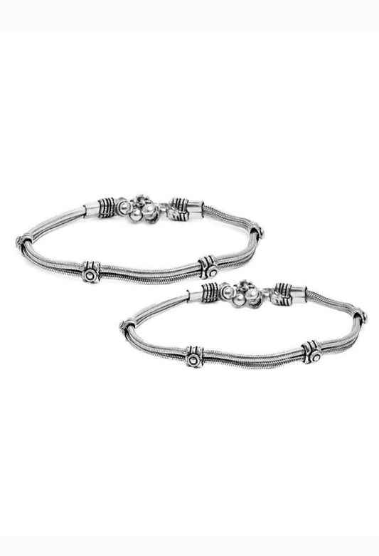 Mominos Fashion Kamal Johar Oxidised Silver Double Lined Anklets | Swadesiicart