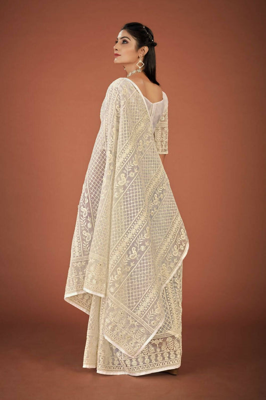 Vamsee White Organza Saree - Swadesiicart