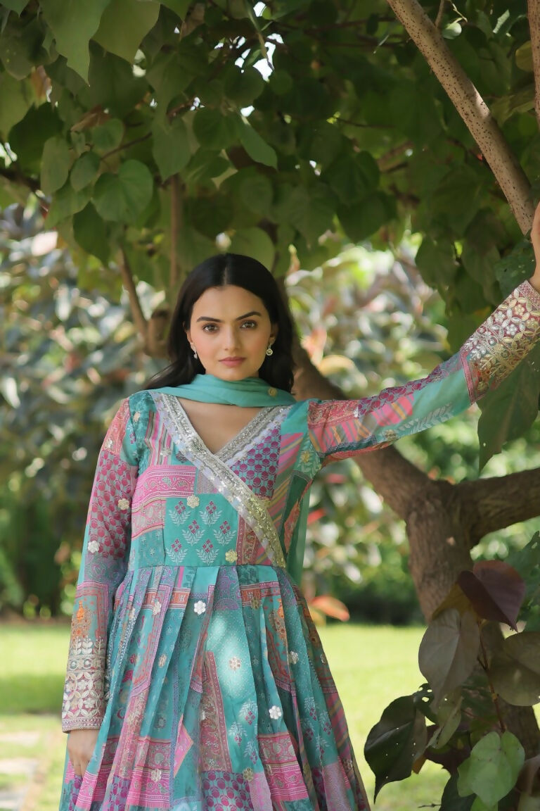 Jyoti Fashion Women's Sky Blue Russian Silk Digital Print with Embroidered Anarkali Dress with Dupatta | Swadesiicart