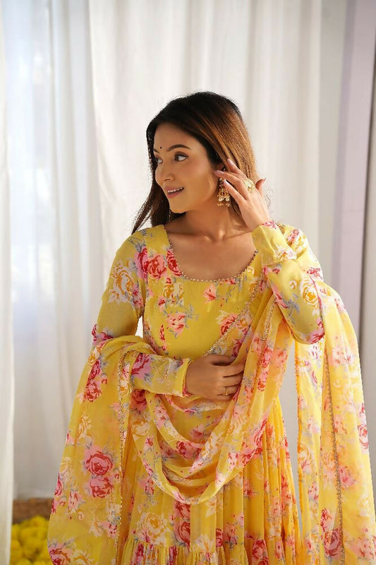 Joban Fashion Yellow Kurta Set Georgette Sequence Embroidery Work