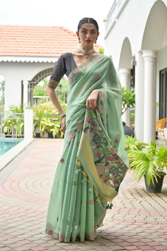Vishnu Weaves Women's Sea-Green Muga Cotton Thread Weaving Saree with Blouse - Swadesiicart