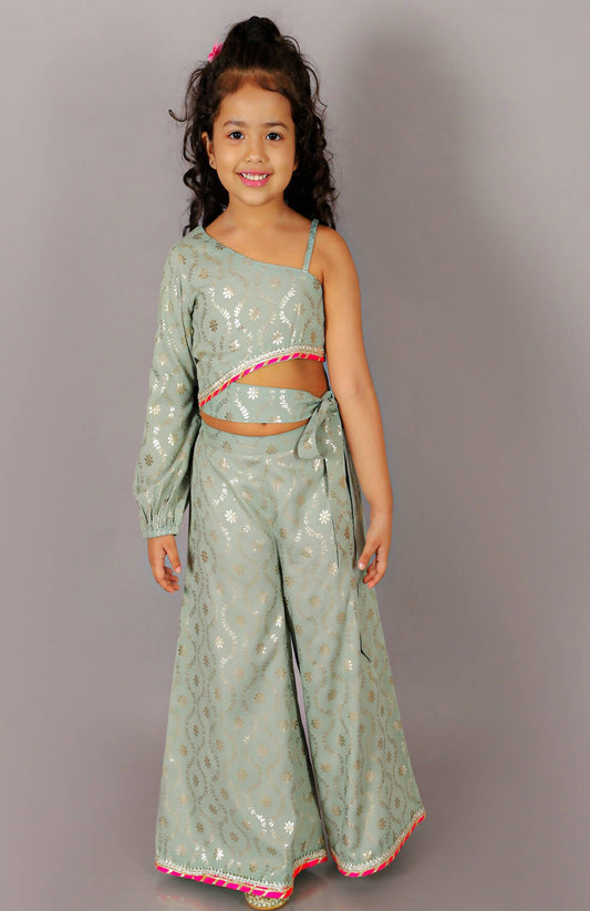 Lil Drama Fusion Fair Girls Green Crop Top With Palazzo Co-Ordinate Set - Swadesiicart