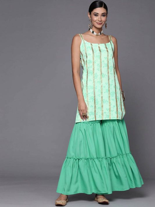 Ahalyaa Blue & Gold Floral Printed & Striped Straight Kurti with Sharara | Swadesiicart