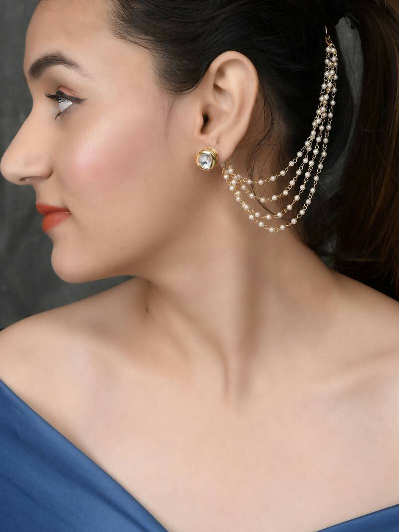 NVR Pearl Studded Classic Gold-Polished 4 Line Ear Chain Ear Cuff | Swadesiicart