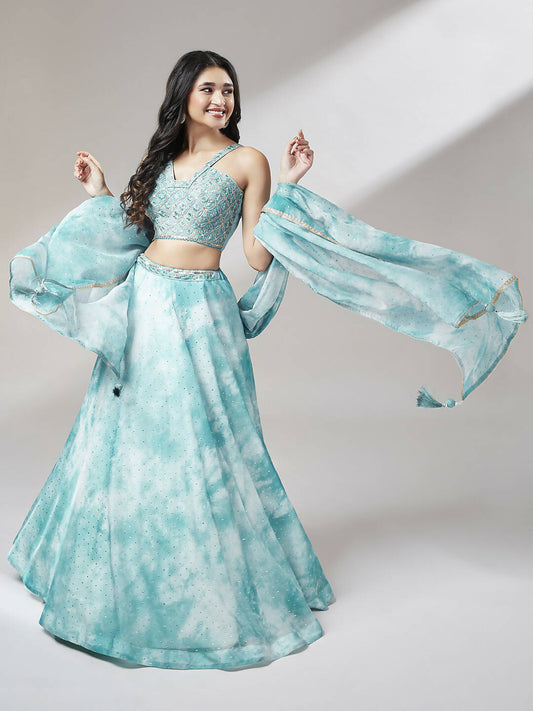 House of Panchhi Turquoise Blue Organza Floral Printed Lehenga choli & Dupatta | Swadesiicart