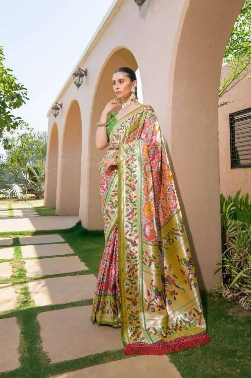Vishnu Weaves Women's Peach Paithani Silk Zari Woven Saree with Unstitched Blouse - Swadesiicart