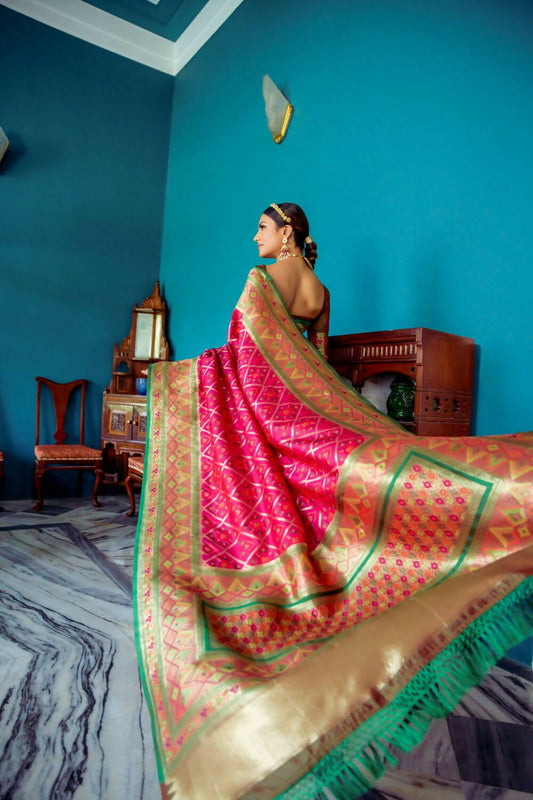 Vishnu Weaves Women's Wine Patola Banarasi Silk Meenakari Zari Woven Saree with Blouse - Swadesiicart