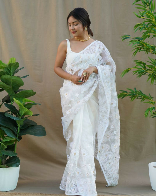 Vamsee Amisha White Organza Saree - Swadesiicart