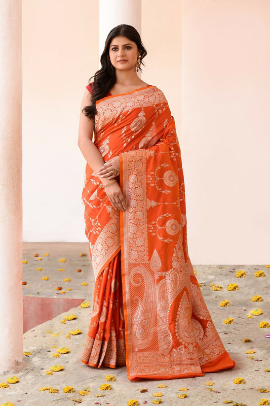 Joban Fashion Orange Banarasi Soft Pure Handloom Banarasi Silk Saree | Swadesiicart
