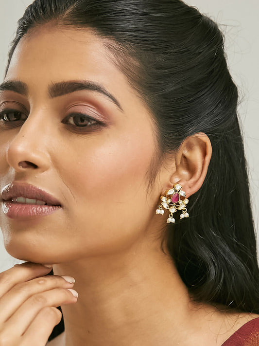 Nuyug 22K Gold-Plated Elegant Kundan & Ruby Stone Studded & Beaded Studs | Swadesiicart