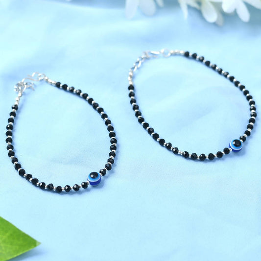 Mominos Fashion Kamal Johar Nazariya Silver With Black Crystals Anklets | Swadesiicart