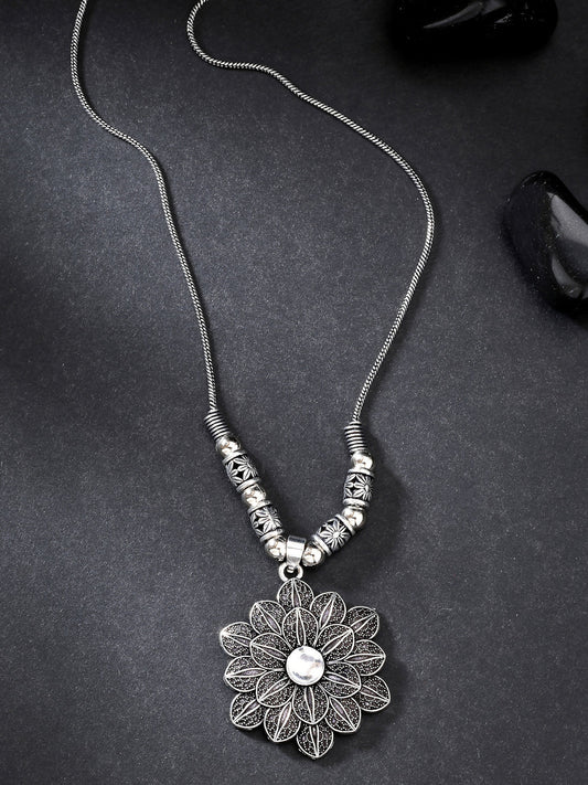 NVR Women's Silver-Toned Decent Floral Shape Pendant with Chain | Swadesiicart