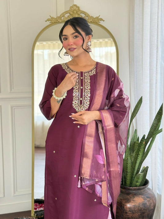 The52 Wine Women's Gorgeous Rayon Fabric Embroidered Work Straight Kurta Pant and Dupatta Set - Swadesiicart