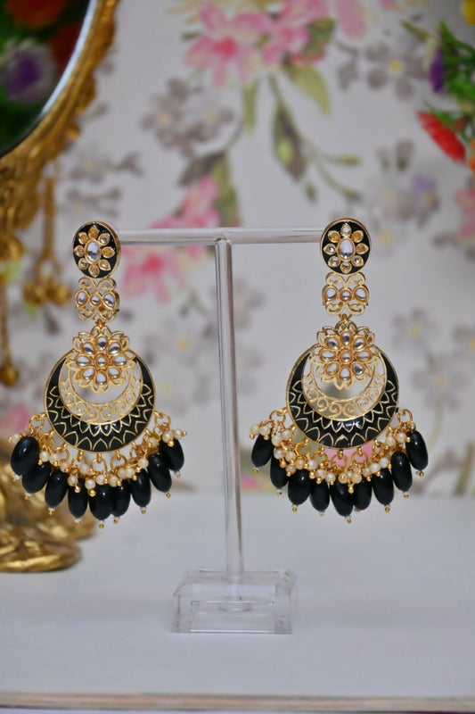 Black Gold-Polished Beautifully Enamelled Stylish Kundan & Pearl Dangle Women Earrings|Meenakari Chandbali Traditional Ethnic Wear Earrings By House of Ree | Swadesiicart