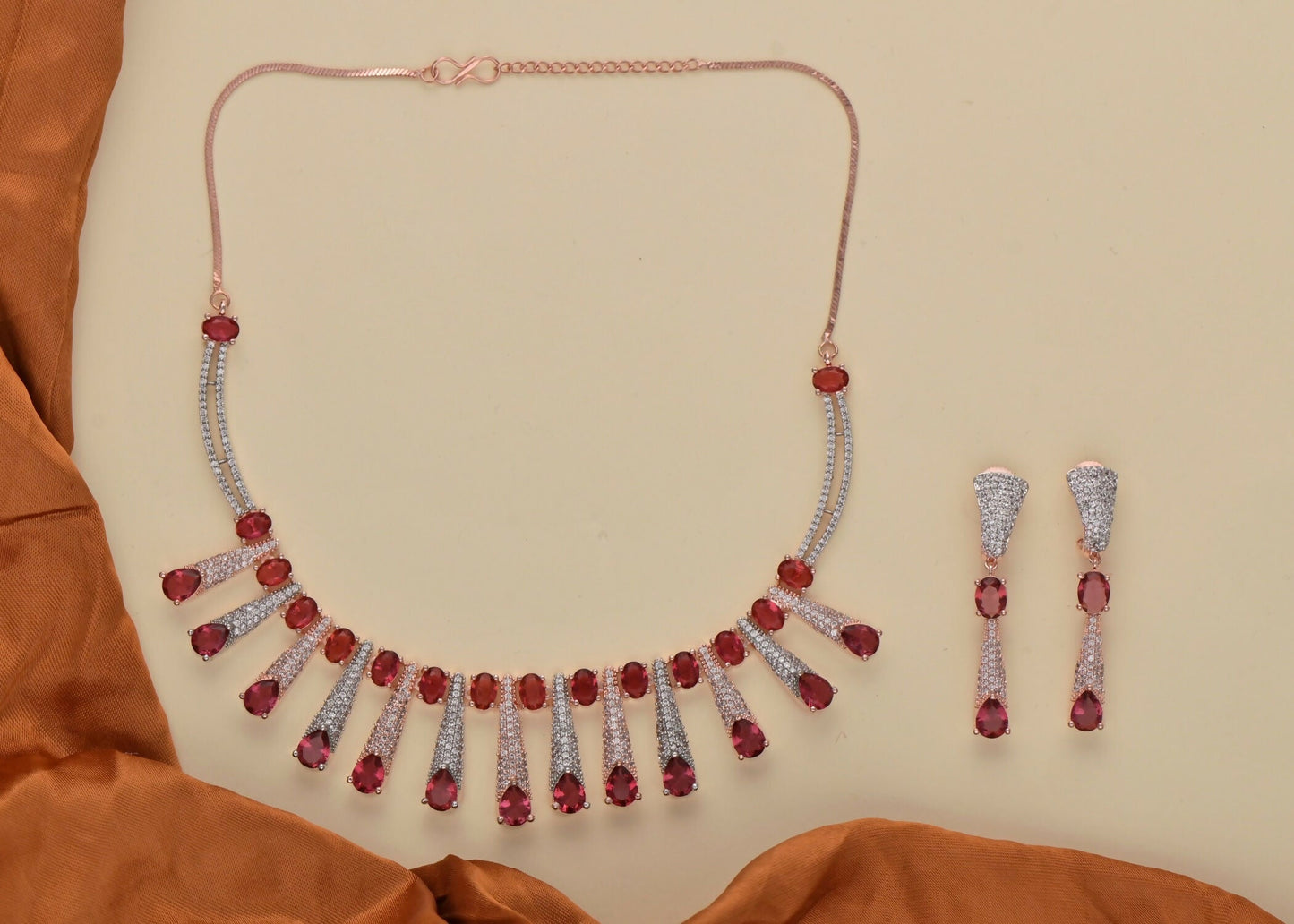 Joban Fashion Women Brass Golden White Ruby Ad Necklace Set
