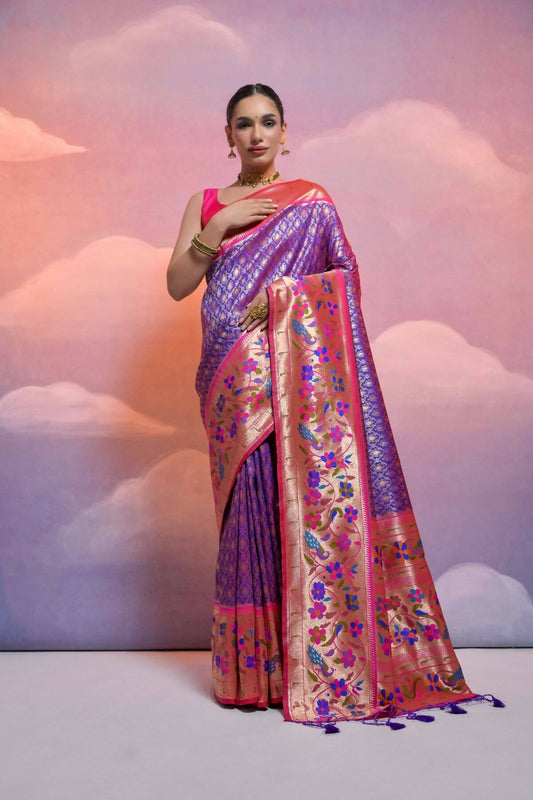 Vishnu Weaves Women's Royal-Blue Paithani Silk Zari Woven Saree with Blouse - Swadesiicart