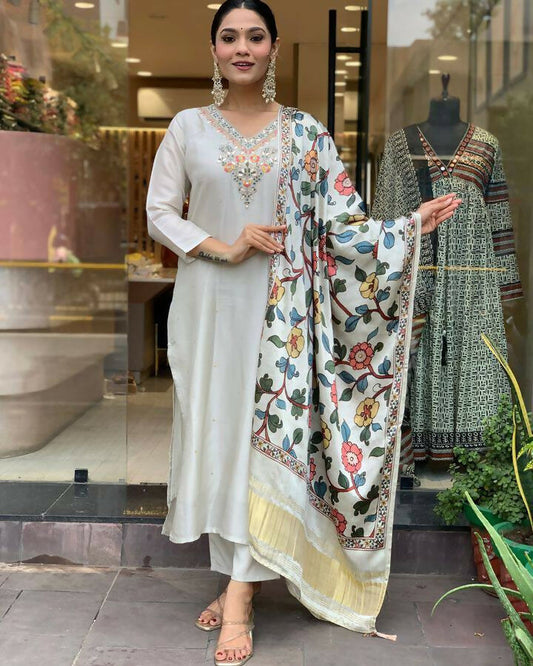The52 Off White Women's Gorgeous Embroidered Viscose Chanderi Fabric Straight Kurta Pant with Dupatta Set - Swadesiicart