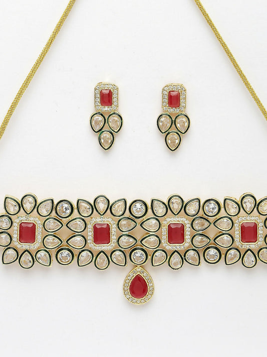 NVR Women's Red & Gold Kundan Studded Handcrafted Choker Jewellery Set - Swadesiicart