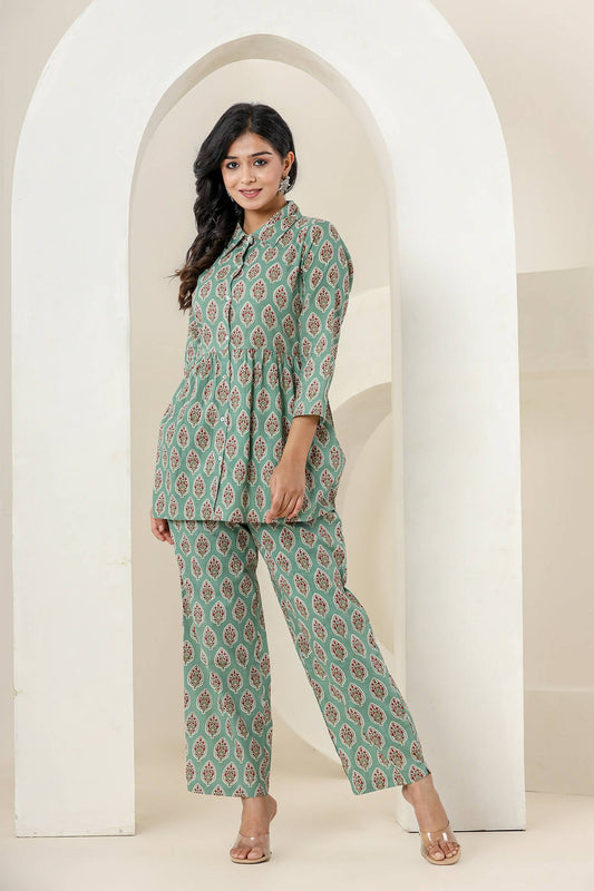 Kaajh Women's Green Printed Cotton Co-ord Set - Swadesiicart