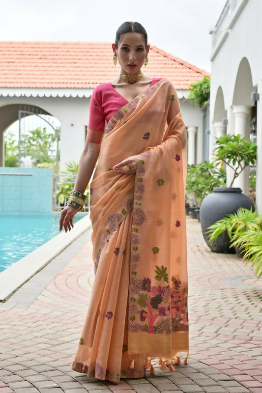 Vishnu Weaves Women's Peach Muga Cotton Thread Weaving Saree with Blouse - Swadesiicart