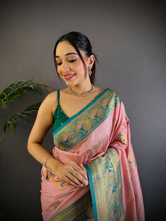 Joban Fashion Banarasi Baby Pink Woven Soft Silk Saree | Swadesiicart