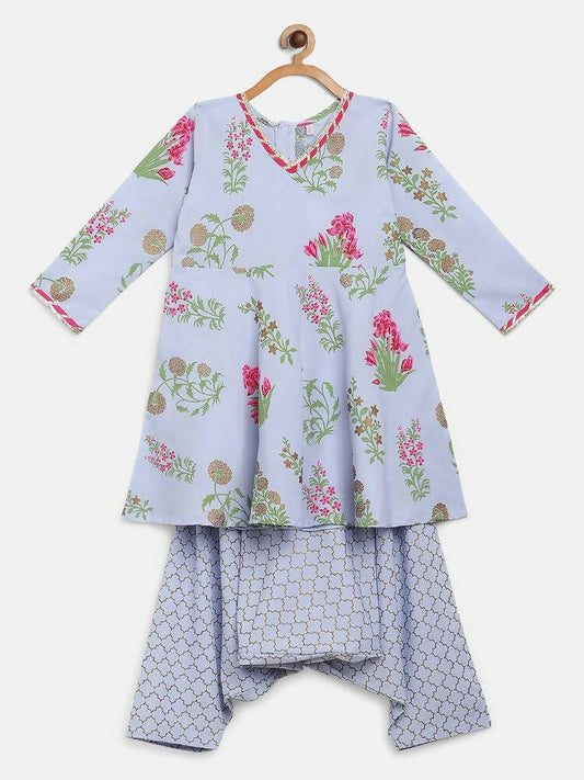 Ahalyaa Blue Crepe Printed Kids Kurta With Harem Pants For Girls | Swadesiicart