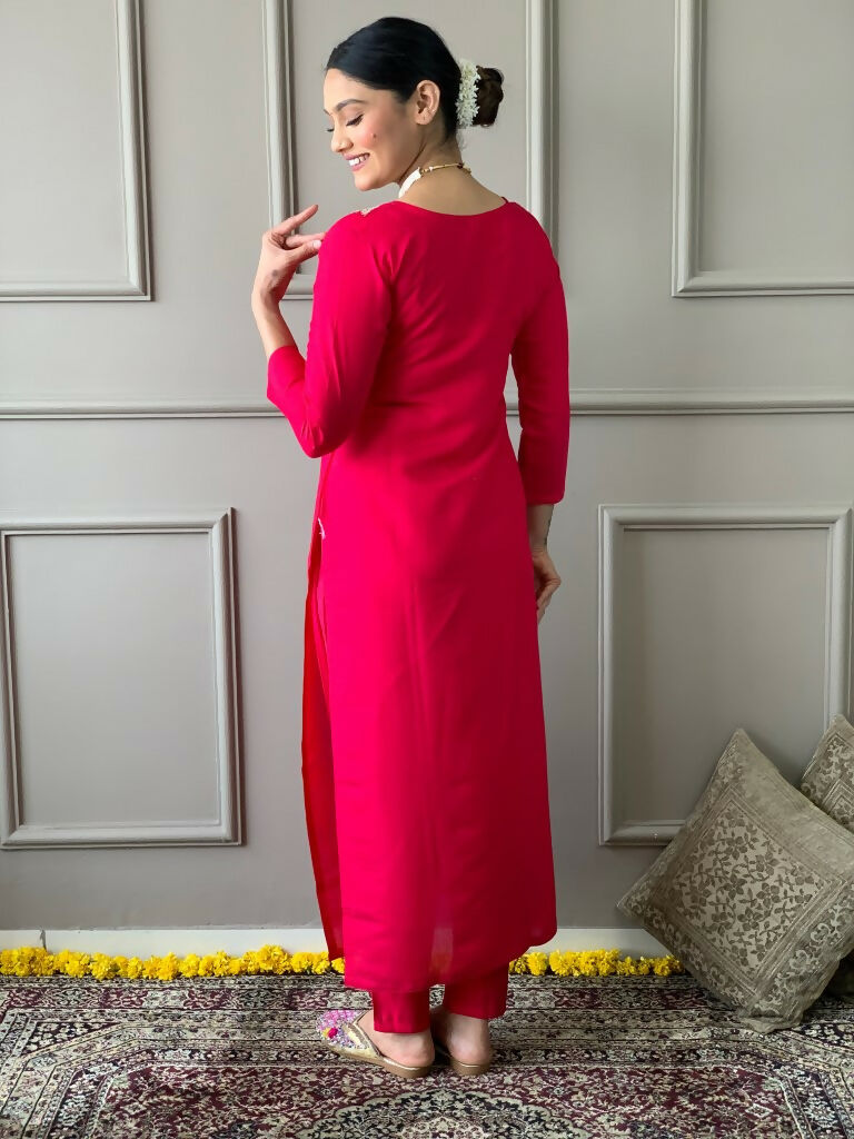 Partywear Designer Viscos Chanderi Red Stitched Suit With Dupatta - Tanisha | Swadesiicart