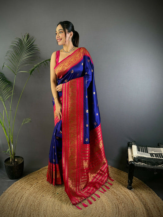 Joban Fashion Banarasi Navy Blue Woven Soft Silk Saree | Swadesiicart
