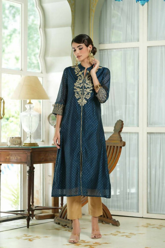 Juniper Blue Chanderi Festive Embroidered Polka Dot Printed A-Line Kurta For Women | Swadesiicart