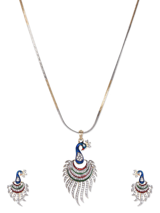 Gold-Polished Alloy Peacock Shape American Diamond Pendant Set - The Pari