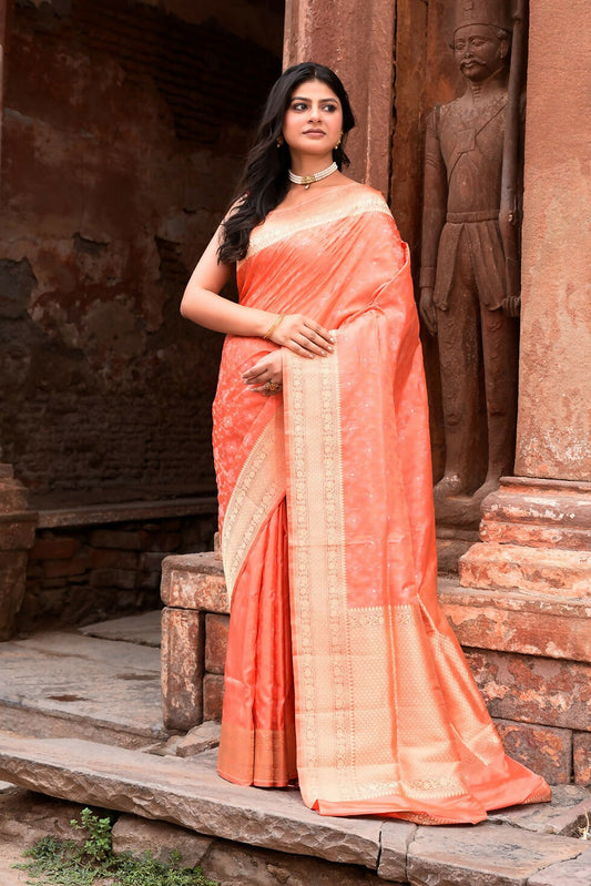Joban Fashion Peach Banarasi Katan Pure Handloom Banarasi Silk Saree | Swadesiicart