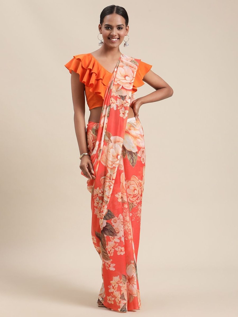 Ahalyaa Women's Orange Colour Chiffon Digital Print Floral Saree | Swadesiicart