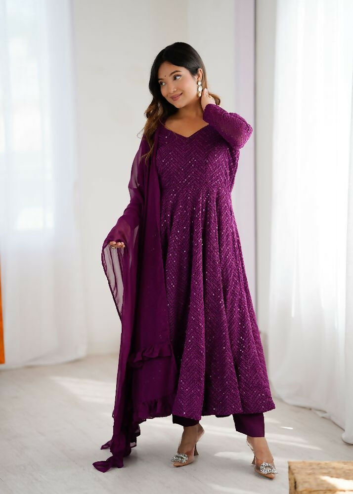 Joban Fashion Wine Kurta Set Georgette Sequence Embroidery Work - Swadesiicart