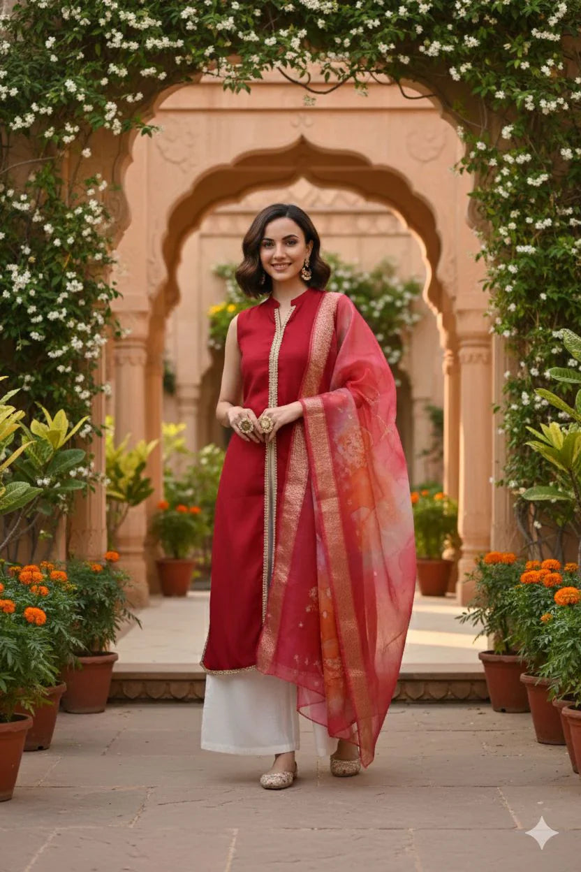 Women Red Sleeveless Kurta with White Palazzo & Printed Organza Dupatta: The Bold Festive Ensemble That Combines Vibrant Elegance with All-Day Comfort