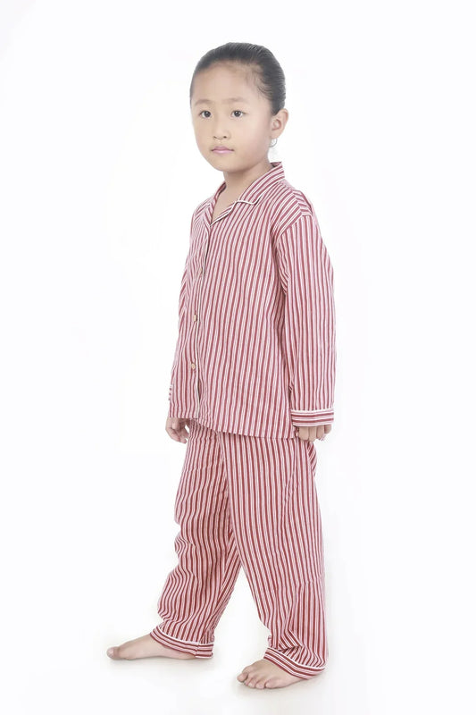 Breathables Kids Cotton Night Suit – Red & White Striped Shirt & Pyjama Co-Ord Set for Boys & Girls
