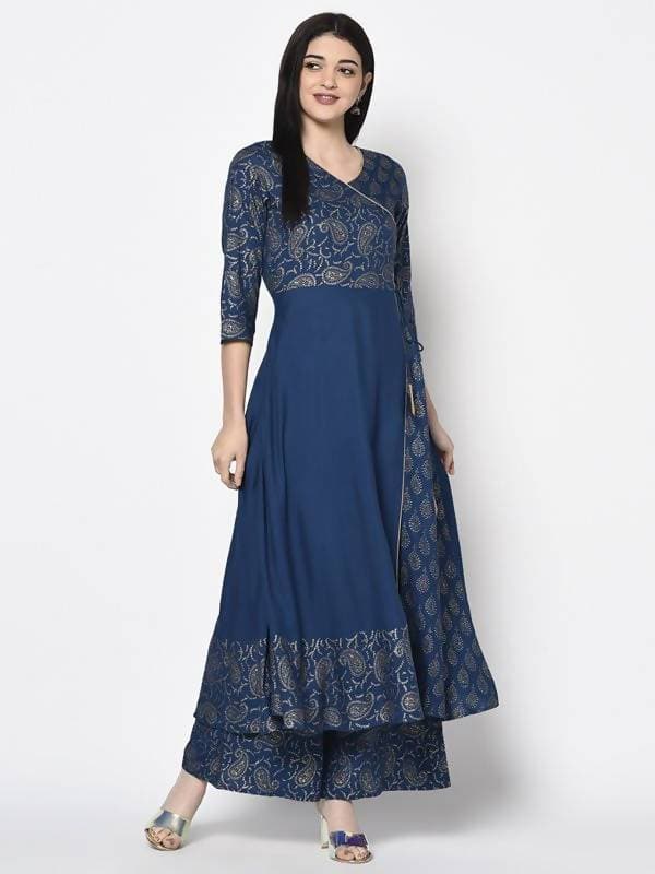 Aniyah Rayon Blue Foil Print Angrakha Anarkali Kurta (AN-208K): Elegant Ethnic Style for Every Occasion