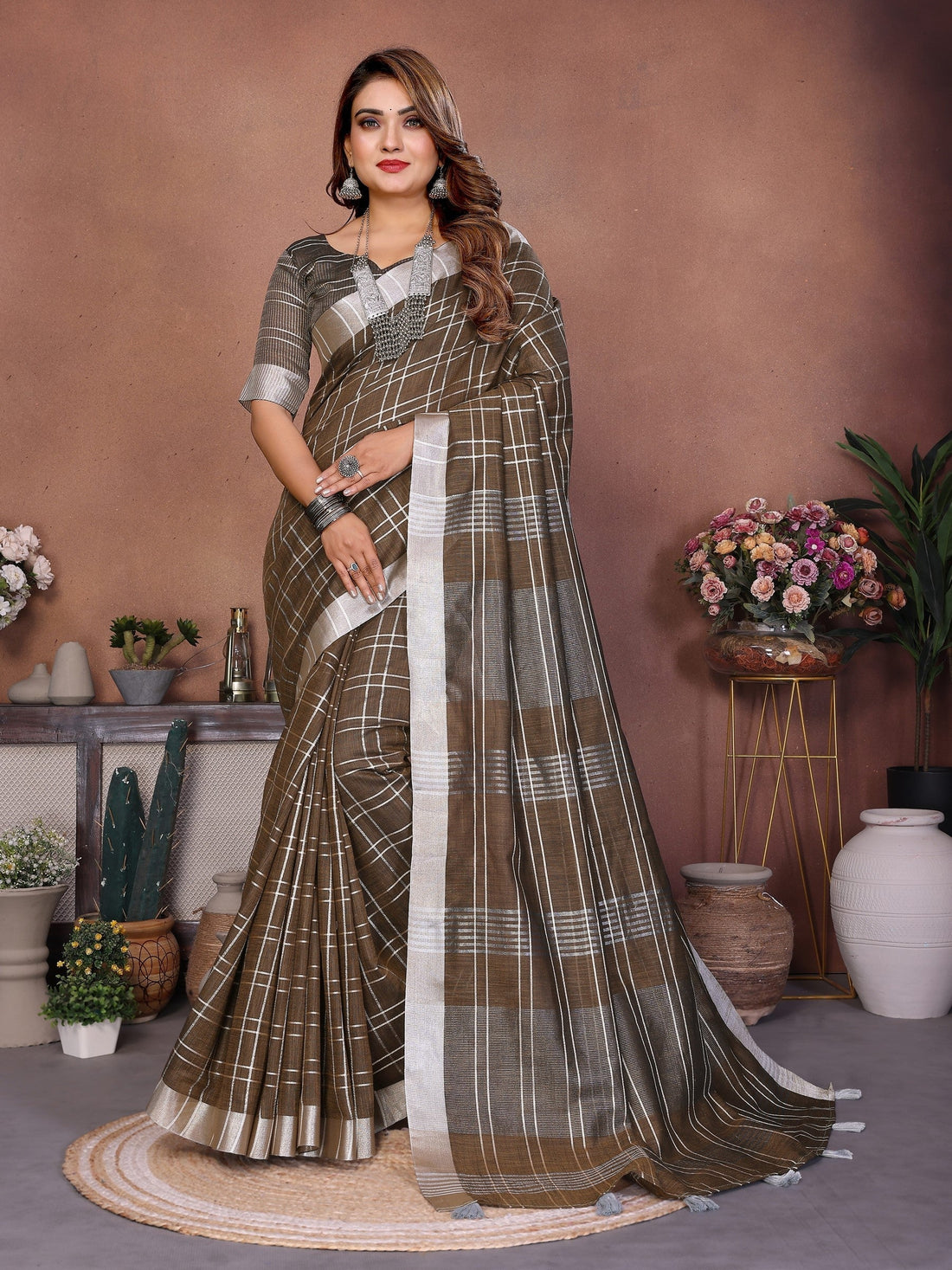 Anaita Chocolate Weaving Linen Cotton Saree with Blouse: Elegant Woven Style for Every Occasion