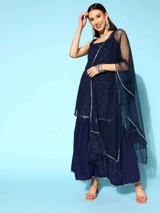 Elegant Navy Blue Ethnic Wear: Ahalyaa Women's Crepe Foil Printed Kurta Sharara Set Review & Styling Guide