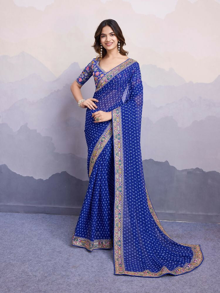 Blue Georgette Bandhani Printed Embroidery Work Saree – Surkhi: A Beautiful Blend of Traditional Elegance and Modern Style