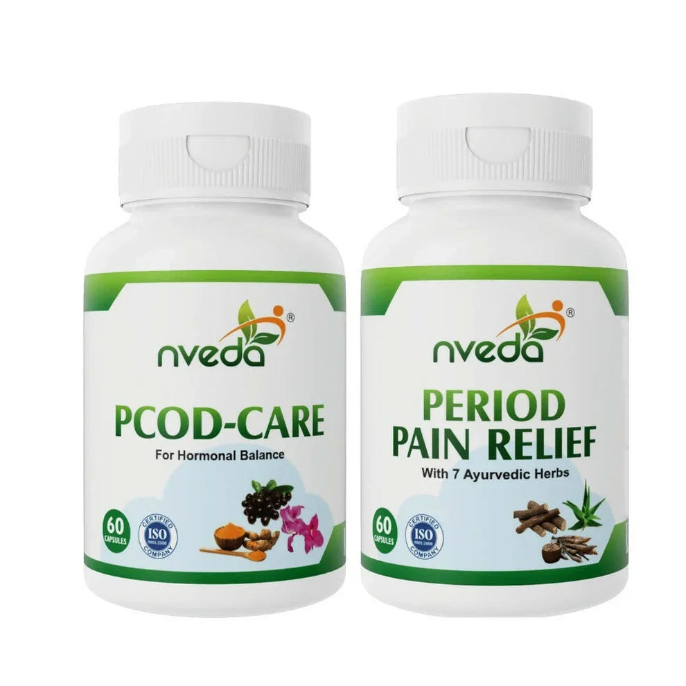 NVeda PCOD Care Capsules & Period Pain Relief Capsules Combo – Ayurvedic Women's Wellness Support